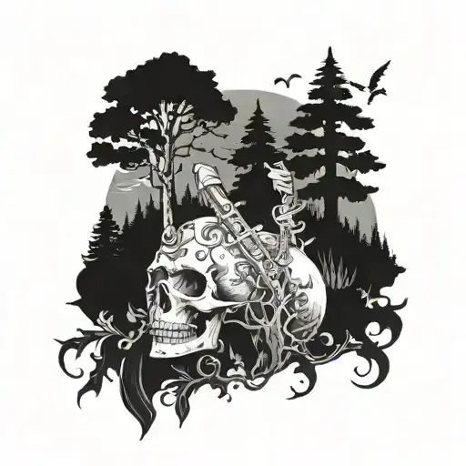 A Mystical Forest Scene With A Hidden Dagger And Skull