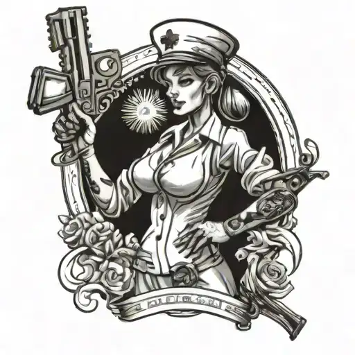 A Tattoo Design Featuring A Nurse Holding A Gun In A Casino Setting