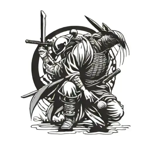 Samurai With A Sword In His Hands Stands On One Knee