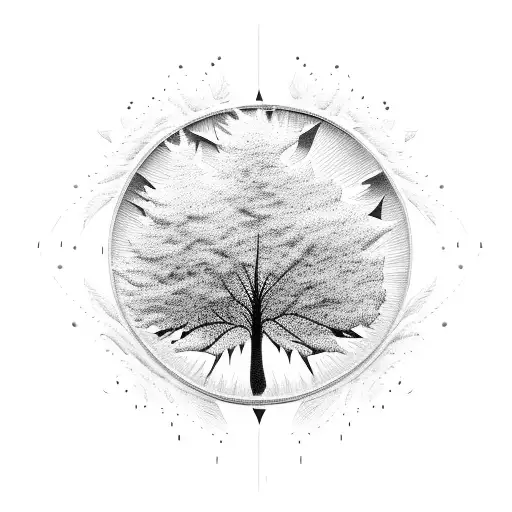 A Blackwork Tattoo Of The Band Korn's Logo Incorporated Into A Tree Silhouette With Falling Leaves