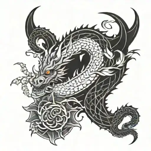 A Biomechanical Dragon Intertwined With Japanese Cherry Blossoms