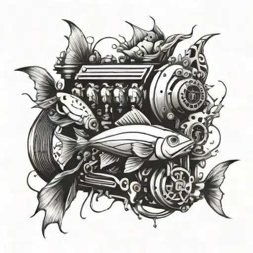An Abstract Design Of A Car Engine Transforming Into A School Of Fish In The Sea