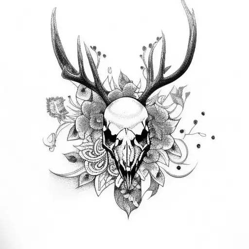 Elk Skull With Vines Flowers Mushrooms