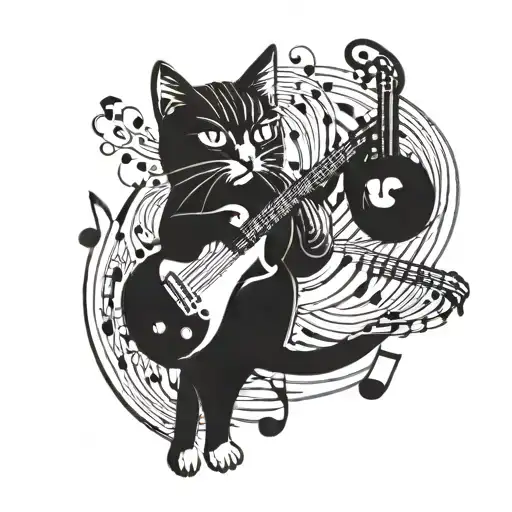 A Cat Playing A Guitar Surrounded By Musical Notes
