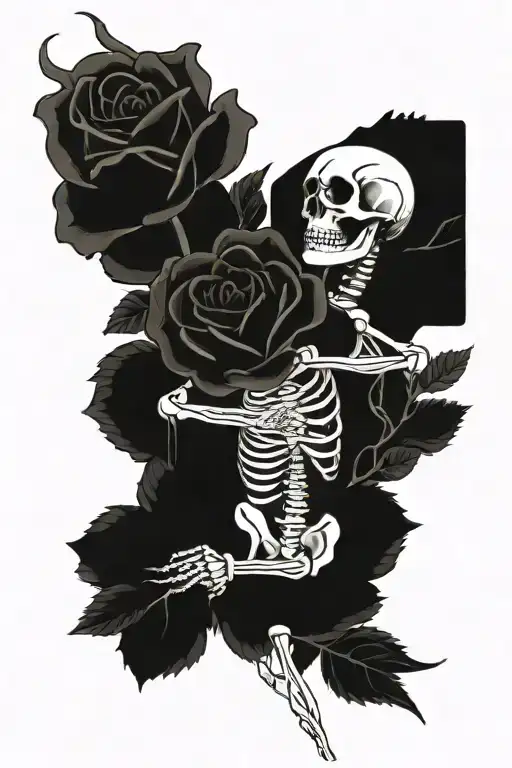 A Tattoo Featuring Two Skeleton Lovers Intertwined Roses And Poppy Flowers In A Blackwork Style