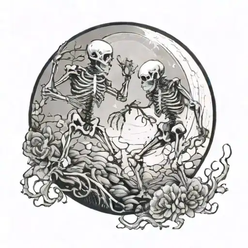 A Scene Of Skeletons Dancing Under A Full Moon Surrounded
