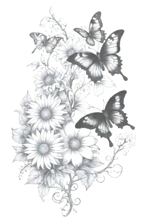 Vines Thorns Growing Up With A Butterfly's And Daisy Flowers Dark