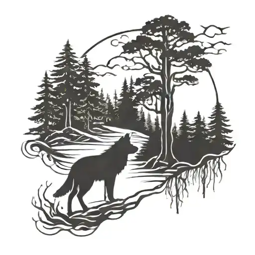 Wolf Tattoo Dark Forest Landscape