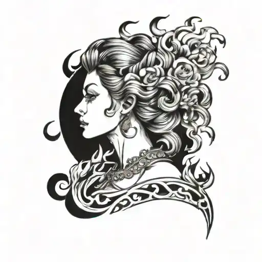 Fire Coming Back Sitting Side By Side Profile Traditional Lady Head