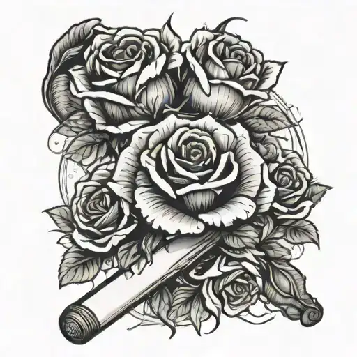 A Baseball Bat Intertwined With A Bouquet Of Roses