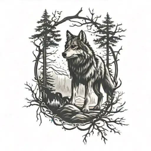 Wolf Tattoo Dark Forest Landscape Sleeve
