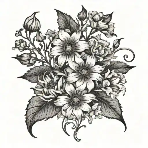 A Beautiful Bouquet Of Cosmo And Marigold Flowers Intertwined With Delicate Vines And Leaves