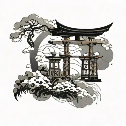 Japanese Culture With Anbu Masks And Torii Gates With A Dragon In The Clouds Behind It