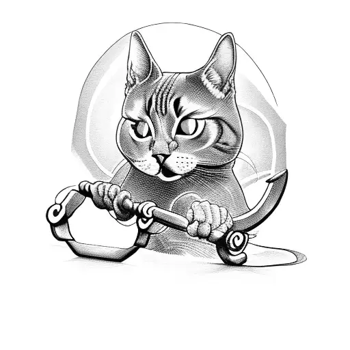 A Fierce Blackwork Tattoo Of A Muscular Cat Lifting Weights In The Gym