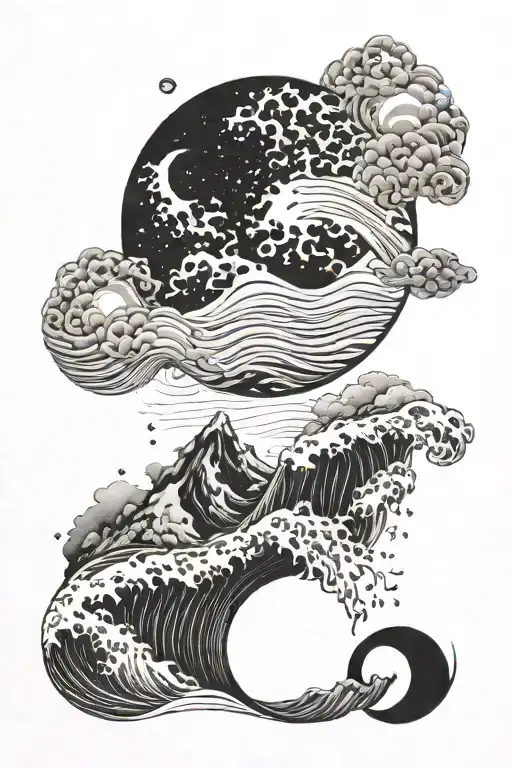 Ocean Wave And Phases Of Moon In One Polaroid