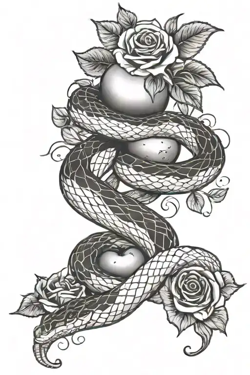 Snake Biting An Apple With Sparkles And Roses Around