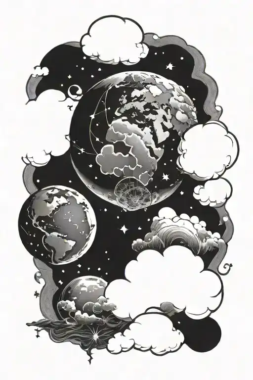 Earth And Moon Surrounded By Clouds Surrounding