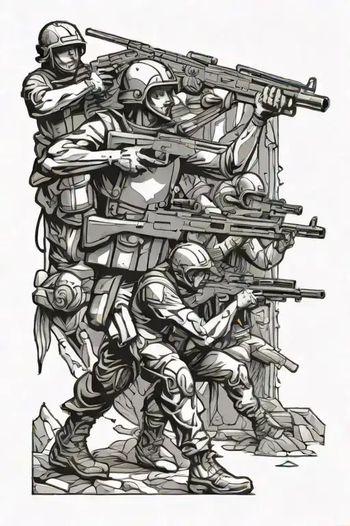 Illustrate A Scene Of A Soldier Shooting A Gun While Surrounded By Angelic Figures Holding Spears