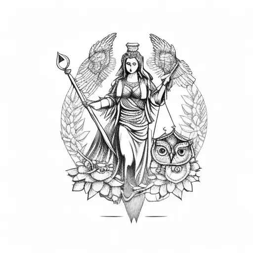 Lady Justice With Owl And Sunflower And Redwood Tree