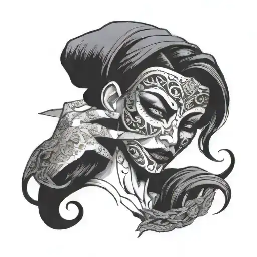 Mask And Knife And Woman Dark Lettering Tattoo Design