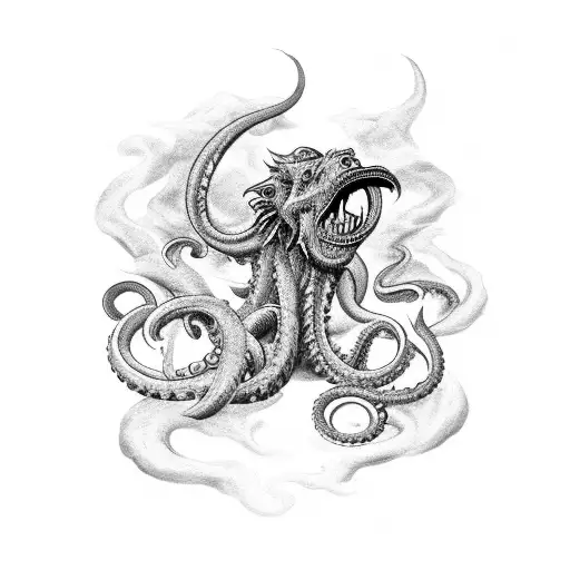 Craft A Tattoo Featuring A Chimera Battling A Kraken In A Dramatic Scene