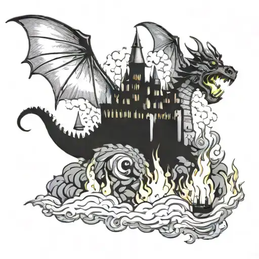 A Dragon Flying Over A Medieval Castle Engulfed In Flames