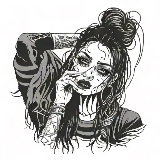 Depressed Looking Goth Girl With Long Hair And A Septum Piercing