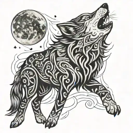 A Wolf Howling At The Moon With A Tribal Design Incorporating Electrical Symbols