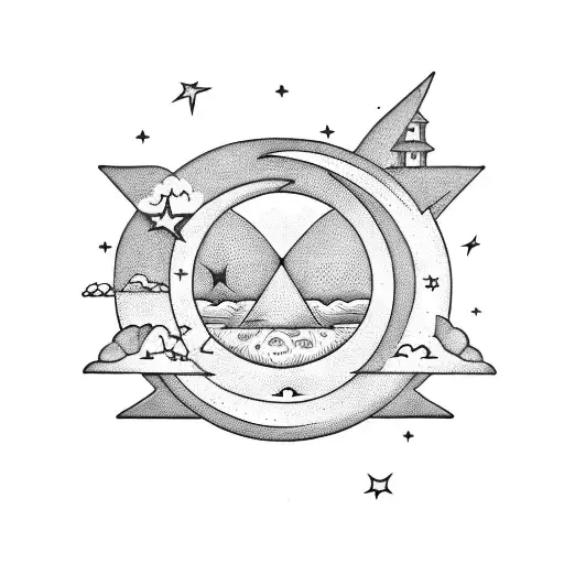 Cloud Left Hand Moon In The Center And A Lightening Star On Right Side