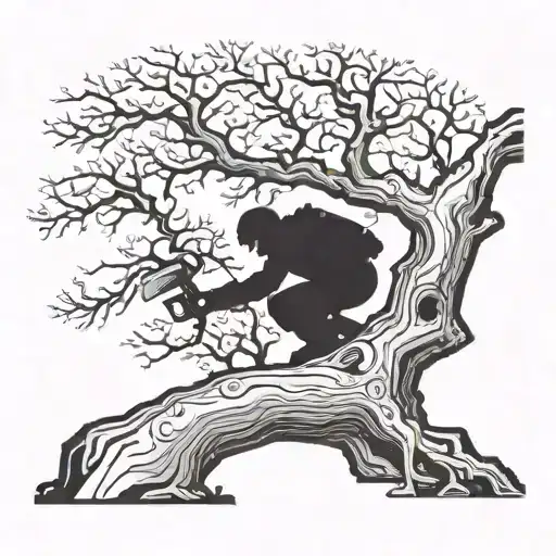 A Majestic Tree Being Climbed By A Silhouette With A Chainsaw