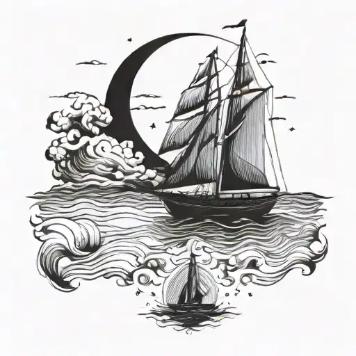 A Detailed Schematic Of A Yacht Sailing Under A Crescent Moon
