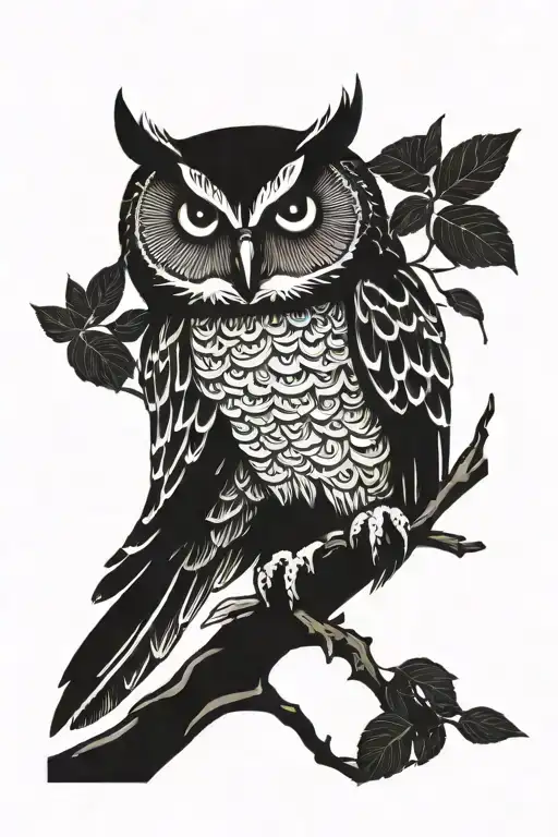 Owl Perched On A Branch Looking Straight Line