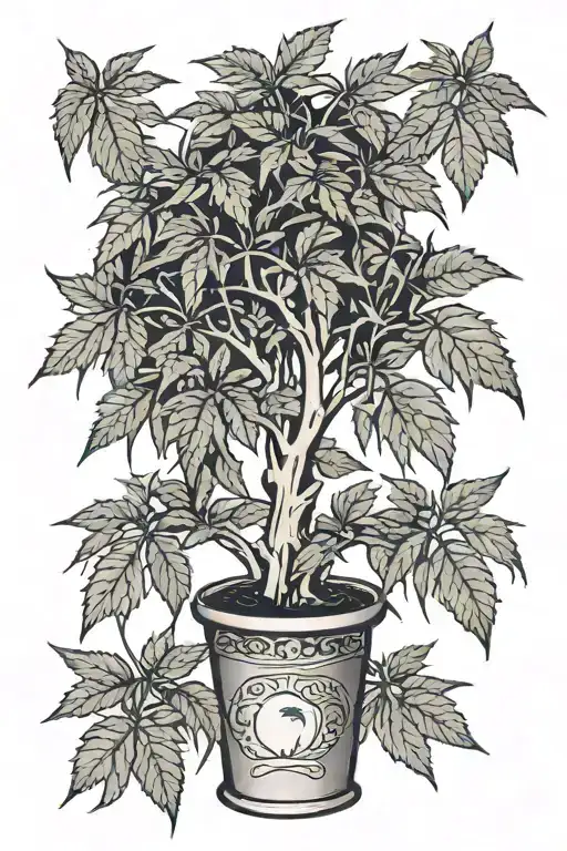 A Black And Grey Tattoo Of A Money Tree Growing Cannabis Leaves Instead Of Regular Leaves