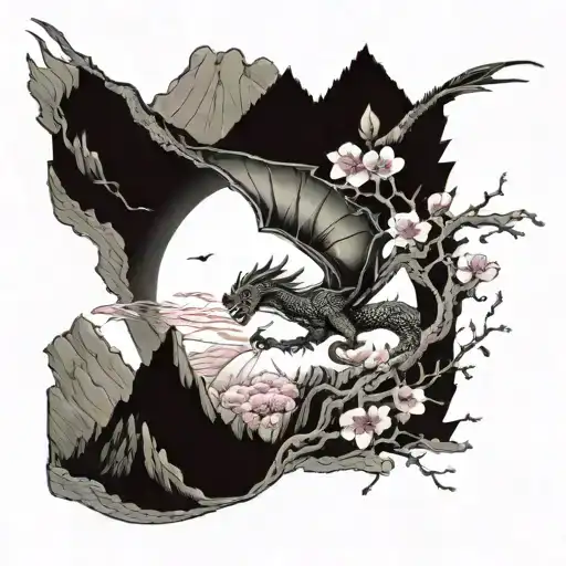 A Dragon Soaring Over A Mountain Range With Cherry Blossoms Blooming At Its Feet