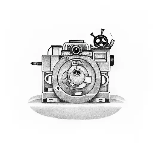 A Tattoo Of A Movie Camera Surrounded By Various Cartoon Characters