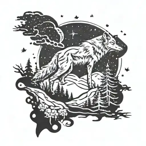A Tattoo Of A Wolf Howling At A Cross In The Night Sky In The Forest