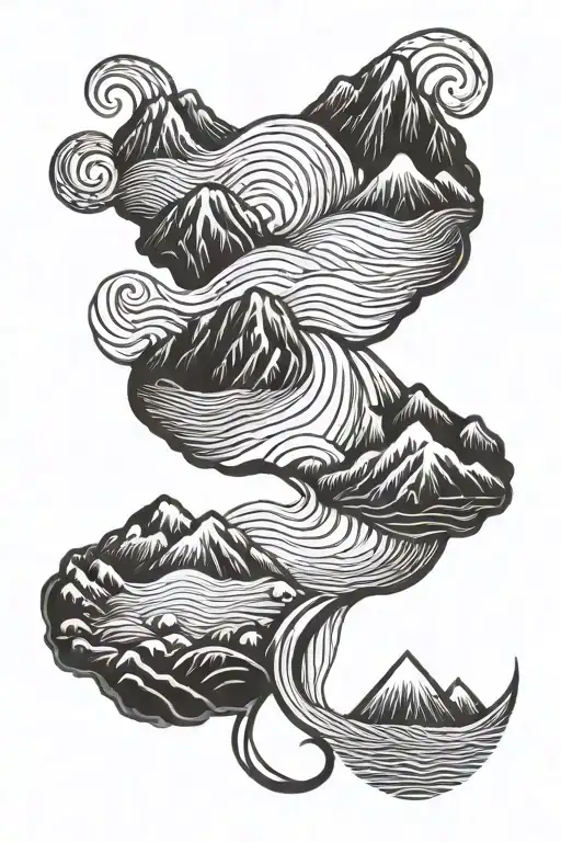 Aries Zodiac Symbol Intertwined With A Mountain Range And Ocean Waves