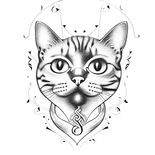 A Blackwork Tattoo Of A Cat Surrounded By Swirling Musical Notes And Art Supplies