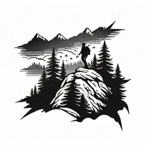 A Silhouette Of A Hiker On A Mountain Peak Surrounded By Pine Trees
