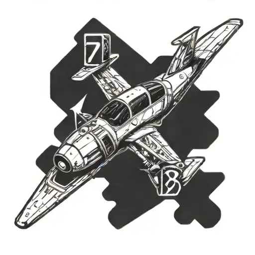 A Tattoo Featuring The Number 778 Intertwined With A Flying Car In A Blackwork Style