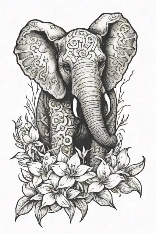 A Nature-themed Tattoo Design With A Baby Elephant Surrounded By Delicate Daffodils