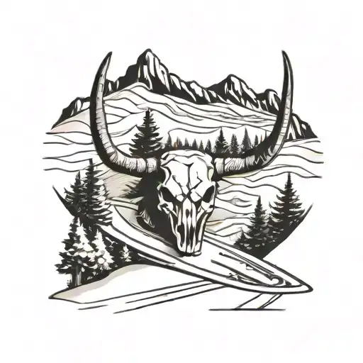 A Combination Of A Longhorn Skull And Ski Tracks Winding Through A Snowy Landscape