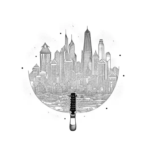 Guitar Neck With A City Skyline As The Fretboard