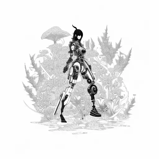 A Futuristic Cyborg Anime Character Surrounded By Vibrant Nature Elements