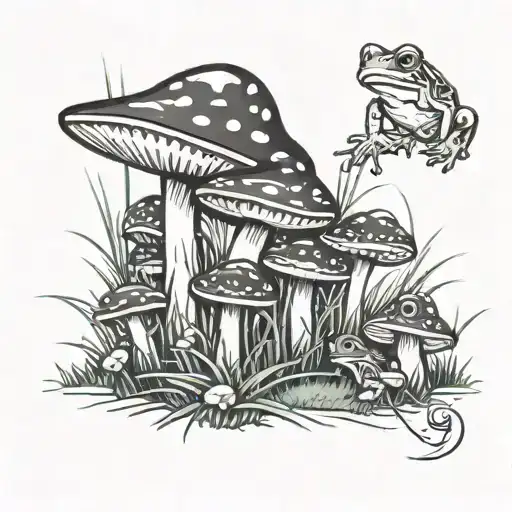Mushrooms On Grass With A Frog Nearby