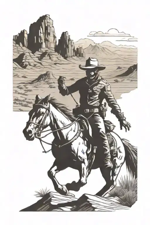 A Cowboy Riding A Horse Through A Desert Landscape With Mountains In The Background