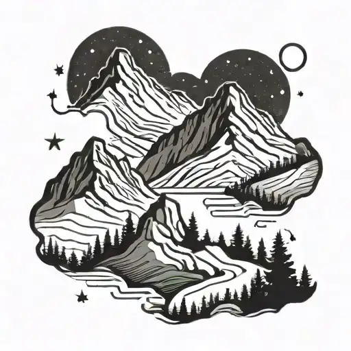 A Tattoo Of A Mountain Range With A Winding Hiking Trail Leading Up To A Starry Night Sky