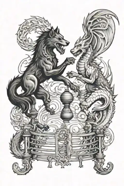 A Wolf And Dragon Dueling In A Boxing Ring Tattoo Design