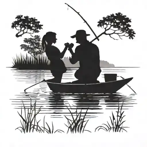 A Silhouette Of A Father And Daughter Fishing Together On A Serene Lake