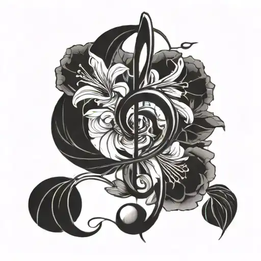 A Blackwork Tattoo Of A Music Note Intertwined With A Vine Of Poppy And Gladiolus Flowers